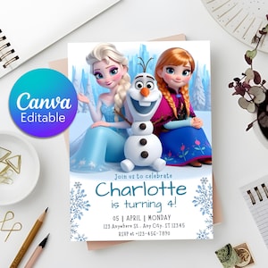 Puede incluir: Una colorida invitación con personajes de dibujos animados. Incluye el texto "¡Charlotte cumple 4 años!" y detalles del evento. El diseño incorpora copos de nieve y un tema invernal.