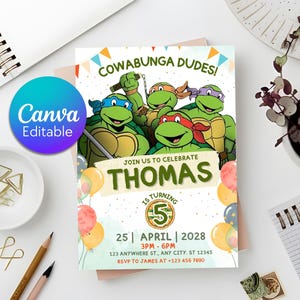Puede incluir: Una colorida invitación con las Tortugas Ninja. La invitación incluye el texto "COWABUNGA DUDES!" y "JOIN US TO CELEBRATE THOMAS IS TURNING 5". También se incluye la fecha y la hora. El logotipo de Canva Editable es visible.
