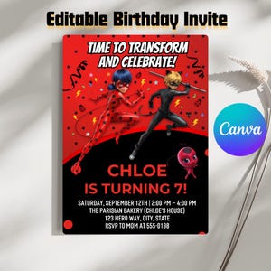 Ladybug Superhero Birthday Invitation, Editable Bday Card, Printable Girl Hero Party Invite, Canva Template 5x7