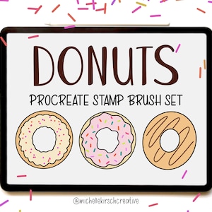 May include: A digital illustration of three doughnuts on a white background. The doughnuts are a plain glazed doughnut, a pink doughnut with sprinkles, and a doughnut with a brown glaze. The text "DONUTS" is at the top of the image, and the text "PROCREATE STAMP BRUSH SET" is below the doughnuts. The text "@michelle.kirschcreative" is at the bottom of the image.