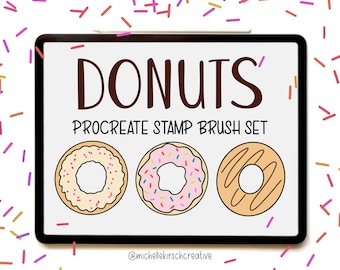 May include: A digital illustration of three donuts on a white background. The donuts are a plain glazed donut, a pink donut with sprinkles, and a donut with a brown glaze. The text "DONUTS" is at the top of the image, and the text "PROCREATE STAMP BRUSH SET" is below the donuts. The text "@michelle.kirschcreative" is at the bottom of the image.