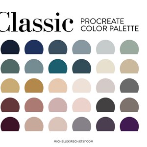 Könnte beinhalten: Eine digitale Farbpalette für Procreate mit 25 gedeckten Farben in einer Halbkreis-Anordnung. Die Farben umfassen Blautöne, Grüntöne, Brauntöne, Beigetöne, Rosatöne, Grautöne und Violetttöne. Der Titel "Classic" wird oben im Bild angezeigt.