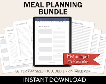 MEAL PLAN Printable PDF Bundle | Black & White Minimal Style | Letter + A4 Size | Print or import into Goodnotes *Instant Download*