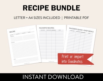 Printable Recipe Page | PDF Worksheet | Black & White Recipe + Favorite Meals Printable  | Letter + A4 Size | Recipe Card *Instant Download*