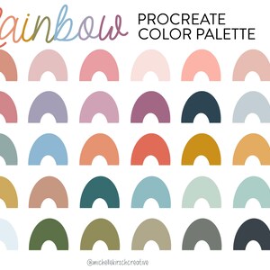 Puede incluir: Una paleta de colores digital para Procreate, con 18 tonos diferentes de colores arcoíris. Los colores se muestran en una cuadrícula de semicírculos, con el texto "Rainbow Procreate Color Palette" en la parte superior.