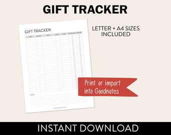 Printable Gift Tracker | PDF Worksheet | Black & White Style PDF Birthday Printable | Planner Pages | Letter Size + A4 Size Instant Download