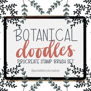 Conjunto de pincel + carimbo Procreate de 30 | Doodles botânicos da moda, plantas, flores e folhas desenhadas à mão | Feito para Procreate + iPad + Apple Pencil