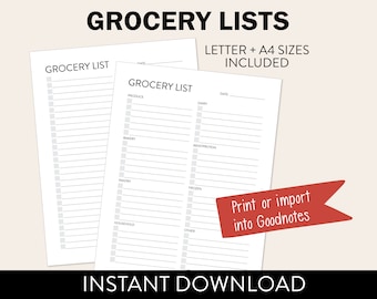 Printable Grocery List | PDF Worksheet | Black & White Grocery Printable | 2 Styles of Planner Pages | Letter + A4 Size *Instant Download*