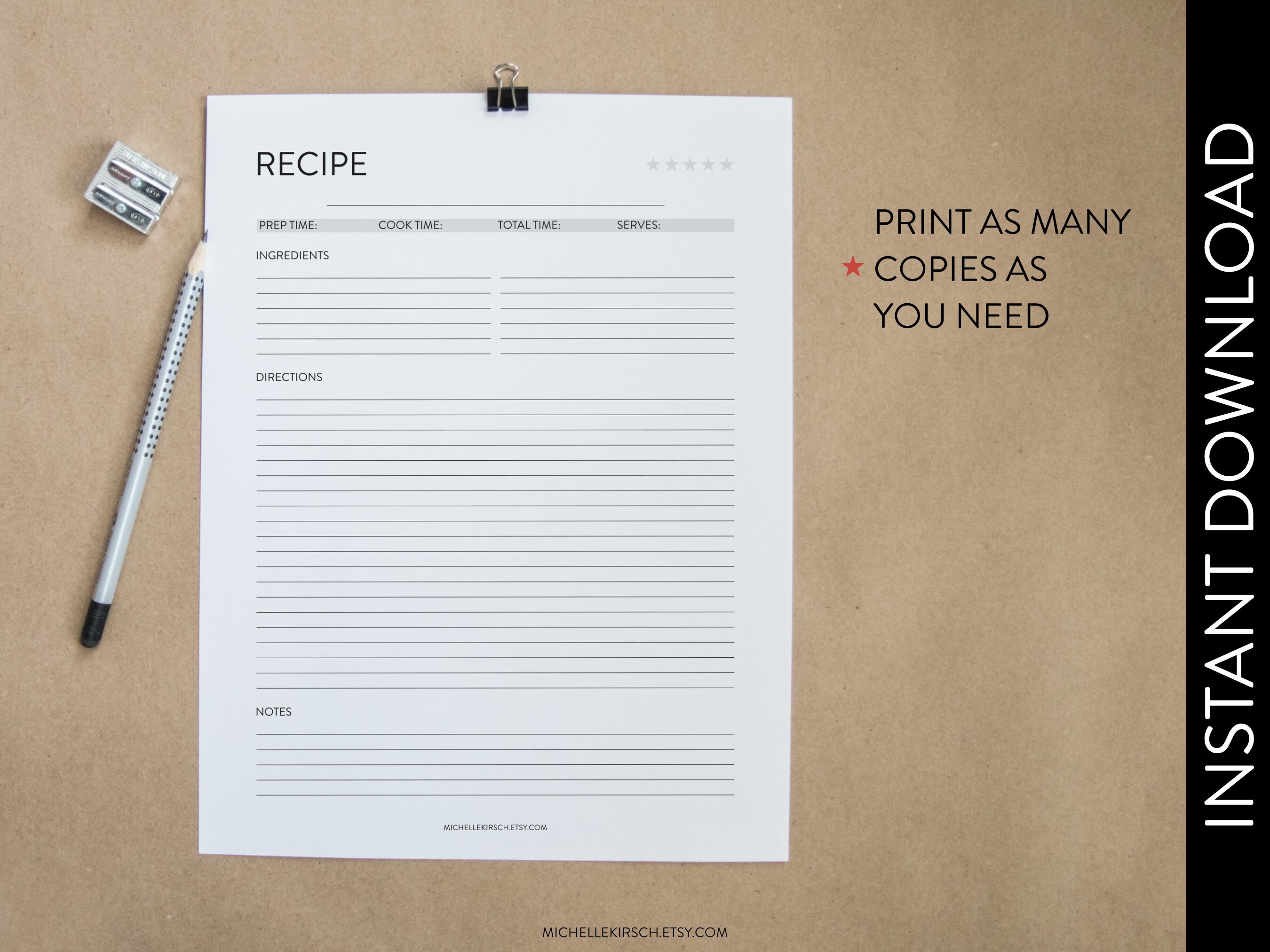 Printable Recipe Page PDF Worksheet Black &amp; White Recipe - Etsy