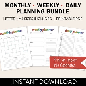 Printable Planner Bundle | Monthly + Weekly + Daily Planning Worksheets | Productivity Planners | Letter Size + A4 Size * Instant Download *