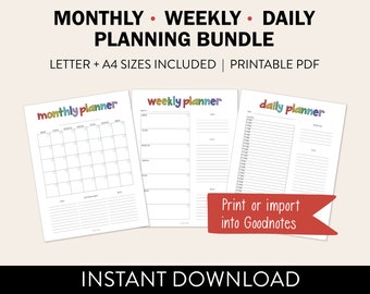 Printable Planner Bundle | Monthly + Weekly + Daily Planning Worksheets | Productivity Planners | Letter Size + A4 Size * Instant Download *