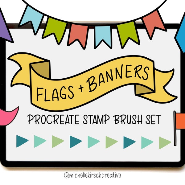 Procreate Brush + Stamp Set of 22 | Hand Drawn Doodle Style Flag + Banner Stamp Brushes | Made for Procreate + iPad + Apple Pencil