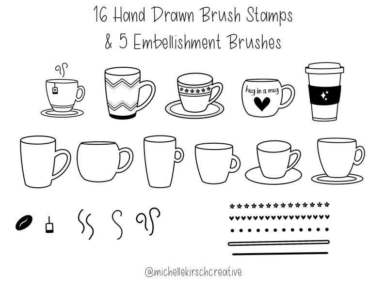 Procreate Brush Stamp Set of 21 Tea Cup Coffee Mug Hand Drawn Illustrations Made for Procreate iPad Apple Pencil image 2