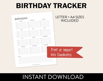 Printable Birthday Tracker | PDF Worksheet | Black & White PDF Birthday Printable | Planner Pages | Letter Size + A4 Size *Instant Download*