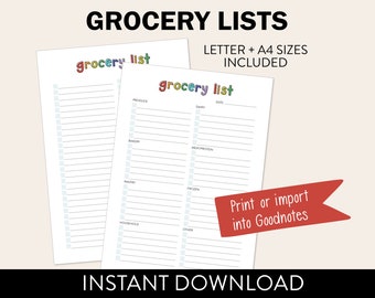 Printable Grocery List | PDF Worksheet | Rainbow PDF Grocery Printable | 2 Styles of Planner Pages | Letter Size + A4 Size *Instant Download