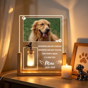 May include: A rectangular acrylic memorial plaque with a wooden base featuring a photo of a golden retriever, a small glass jar with a light, and the text: GOODBYES ARE NOT FOREVER GOODBYES ARE NOT THE END THEY SIMPLY MEAN I'LL MISS YOU Max 2020-2026.