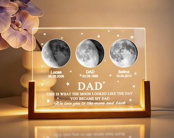 Personalized Moon Phase Night Light for Dad, Custom Moon Lamp from Kids, Father’s Day Gift for Dad, Family Moon Phase Acrylic Lamp