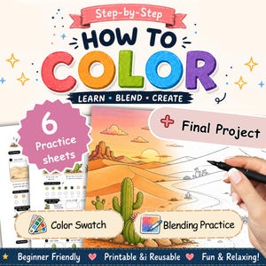 Może przedstawiać: Cyfrowy poradnik kolorowania zatytułowany Step-by-Step HOW TO COLOR LEARN BLEND CREATE zawierający 6 arkuszy ćwiczeń, projekt końcowy, próbki kolorów i ćwiczenia mieszania barw. Grafika przedstawia pustynny krajobraz z kaktusami i zachodem słońca.