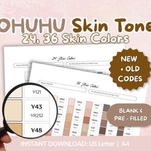 Op de afbeelding: Een digitale download met OHUHU huidtintkleurenkaarten met 24 en 36 huidtinten. De afbeelding bevat een vergrootglas dat specifieke kleurstalen markeert, met tekst die "NEW + OLD CODES" en "BLANK & PRE-FILLED" aangeeft.