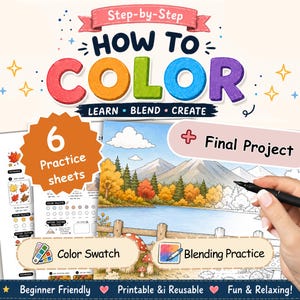 May include: A digital colouring guide titled Step-by-Step HOW TO COLOUR LEARN BLEND CREATE featuring 6 practice sheets, a final project, colour swatch, and blending practice sections. The image displays a landscape with mountains, trees, and a lake.
