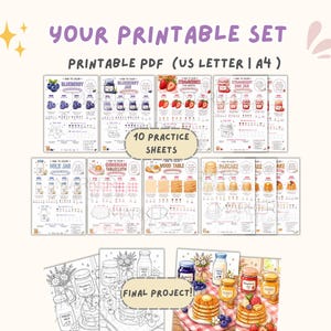 May include: A printable set of 10 practice sheets and final projects in US Letter and A4 sizes. The sheets feature instructional guides for coloring blueberries, strawberry jam, milk jars, tablecloths, wood tables, and pancakes with color palettes.