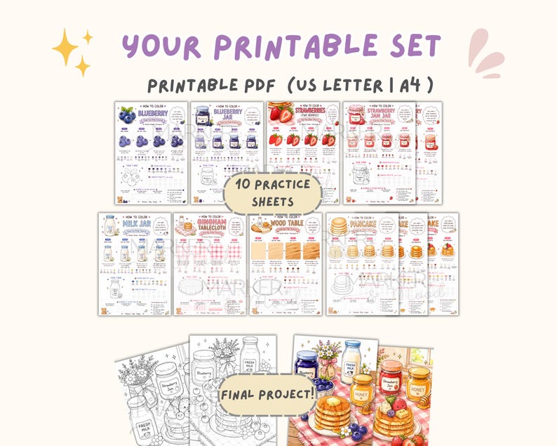 May include: A printable set of 10 practice sheets and final projects in US Letter and A4 sizes. The sheets feature instructional guides for coloring blueberries, strawberry jam, milk jars, tablecloths, wood tables, and pancakes with color palettes.