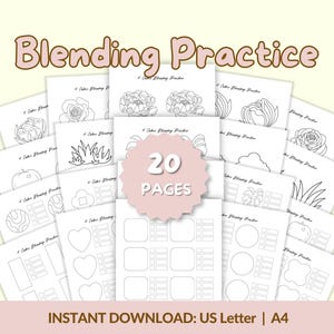 May include: A set of 20 printable pages for colour blending practice. The pages feature line drawings of flowers, fruits, and shapes. The text "Blending Practice" is at the top, and "Instant Download: US Letter | A4" is at the bottom.