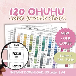 May include: A color swatch chart for 120 Ohuhu markers, featuring a grid of color samples. The chart includes the text "120 OHUHU color swatch chart", "NEW + OLD CODES", and "BLANK & PRE-FILLED". A magnifying glass highlights color codes R21, R210, R1, and R213.