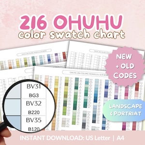Può includere: Un grafico di campioni di colore per 216 pennarelli Ohuhu. Il grafico include campioni di colore e codici, con il testo "NEW + OLD CODES" e "LANDSCAPE & PORTRAIT". Il testo "INSTANT DOWNLOAD: US Letter | A4" è anche visibile.
