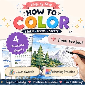 May include: A digital colouring guide titled Step-by-Step HOW TO COLOR LEARN BLEND CREATE featuring four practice sheets, a final project, colour swatch, and blending practice sections. The guide includes a mountain landscape illustration.