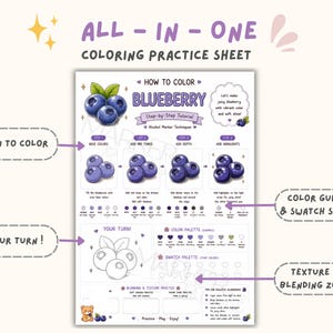 May include: An All-In-One Coloring Practice Sheet featuring a step-by-step tutorial on how to color blueberries with alcohol markers. The page includes base colors, mid-tones, depth, highlights, a color palette, swatch space, and blending zones.