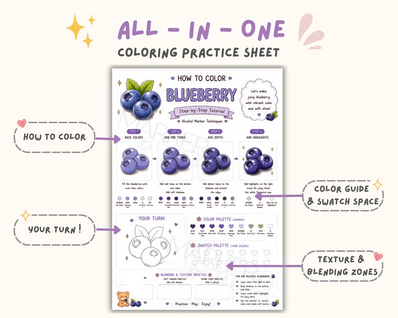 May include: An All-In-One Coloring Practice Sheet featuring a step-by-step tutorial on how to color blueberries with alcohol markers. The page includes base colors, mid-tones, depth, highlights, a color palette, swatch space, and blending zones.
