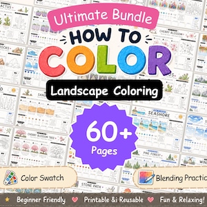 Può includere: Un pacchetto da colorare digitale intitolato Ultimate Bundle How to Color Landscape Coloring con oltre 60 pagine. La collezione include fogli di istruzioni per colorare cactus, rocce del deserto, alghe, fiori di ciliegio, montagne e foreste.