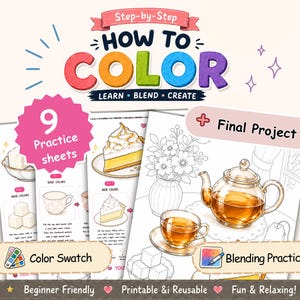 Pode incluir: Um guia de colorir digital intitulado How to Color Learn Blend Create com 9 folhas de prática com ilustrações de chá, cubos de açúcar e tarte de limão. Inclui secções para amostras de cor, prática de mistura e um projeto final.
