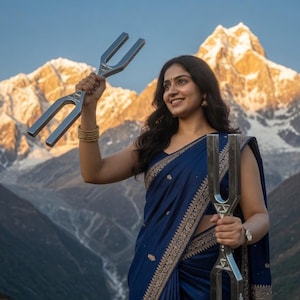 May include: A woman in a blue sari holds two large, silver tuning forks against a backdrop of snow-capped mountains. The tuning forks are held up, with the woman smiling. The sari has gold embroidery.