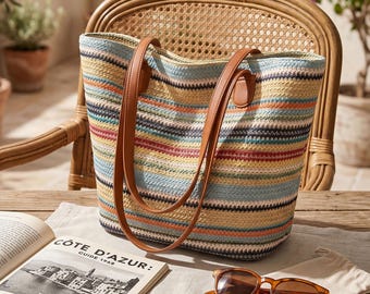 Boho Striped Straw Honeymoon Tote with Zipper, Handwoven Beach Wedding Bridesmaid Gift Purse