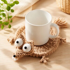 May include: A white ceramic mug rests on a brown, crocheted squirrel-shaped coaster. The coaster features large white eyes with black pupils, a small nose, and two white teeth. The mug and coaster are on a light wooden surface.
