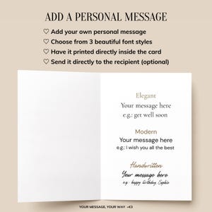 May include: A white greeting card interior showing three font style options for a personal message: Elegant, Modern, and Handwritten. The text reads: ADD A PERSONAL MESSAGE, Add your own personal message, Choose from 3 beautiful font styles, Have it printed directly inside the card, Send it directly to the recipient (optional), and YOUR MESSAGE, YOUR WAY +&euro;3.