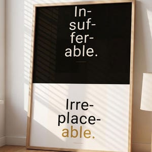 Può includere: Una stampa artistica incorniciata con le parole "In-sufferable" e "Irreplaceable" in un font moderno. La metà superiore della stampa è nera, la metà inferiore è bianca. Una lampada in legno e una pianta in vaso sono accanto.
