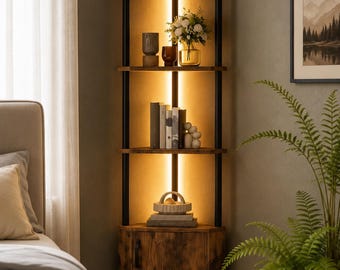 Moderne hoekplank met led-verlichting, ruimtebesparende hoekboekenkast, opbergkast in de hoek, industriële plank voor woonkamer, slaapkamer