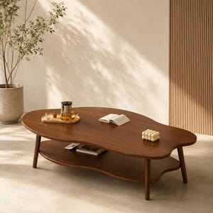 Organic Cloud Coffee Table with Storage Shelf, Walnut Wood Coffee Table, Modern Japandi Living Room Table, Scandinavian Center Table