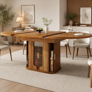 Op de afbeelding: Een houten eettafel met een uniek ontwerp, met een centrale kast met glazen deuren en opslag voor wijnflessen. De tafel heeft een ovale vorm met verlengbladen. De tafel wordt omringd door witte stoelen.
