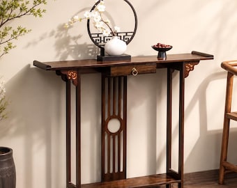 Bamboe portiekconsoletafel met lade en plank, Japandi haltafel, smalle houten toegangsconsole, zen foyermeubilair, deco in Aziatische stijl