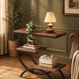 Industrial C-Shaped Side Table with Storage Shelves, Rustic Wood End Table, Sofa Snack Table, Bedside Nightstand, Small Space Living Room Fu