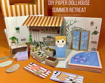 Casa de muñecas de papel imprimible para escapada de verano, casa miniatura para armar en PDF (descarga digital)