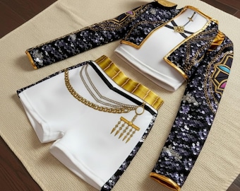 Conjunto de disfraz de Rumi, cazadora de demonios, en negro, blanco y dorado, para niñas, de K-pop, 3 piezas, ideal para fiestas de cumpleaños infantiles.