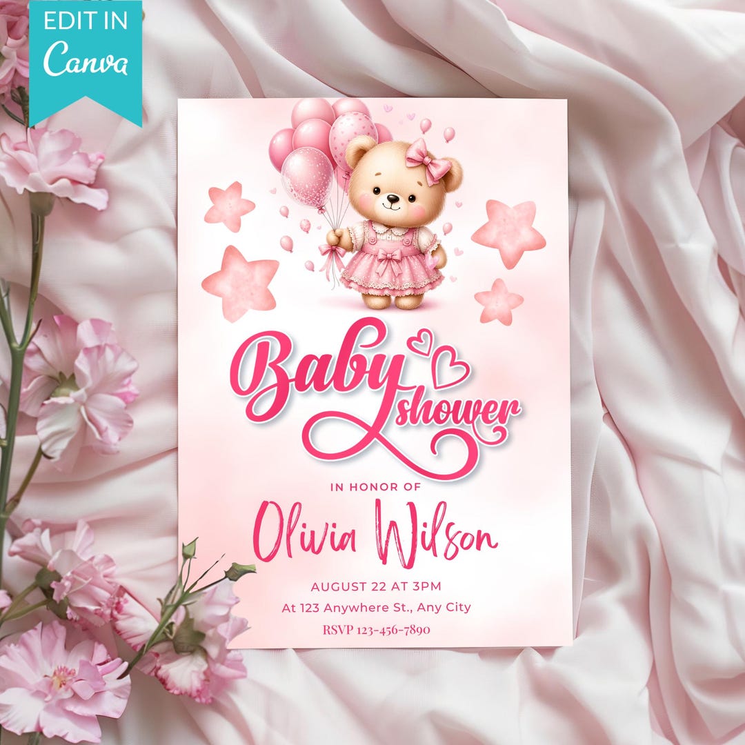 Editable Pink Teddy Bear Baby Shower Invitation, Pink Girl Bear,ballons ...