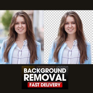 May include: A service for background removal featuring a split-screen comparison of a person with long brown hair wearing a light blue blazer over a white grid-patterned shirt, with the text BACKGROUND REMOVAL and FAST DELIVERY below.