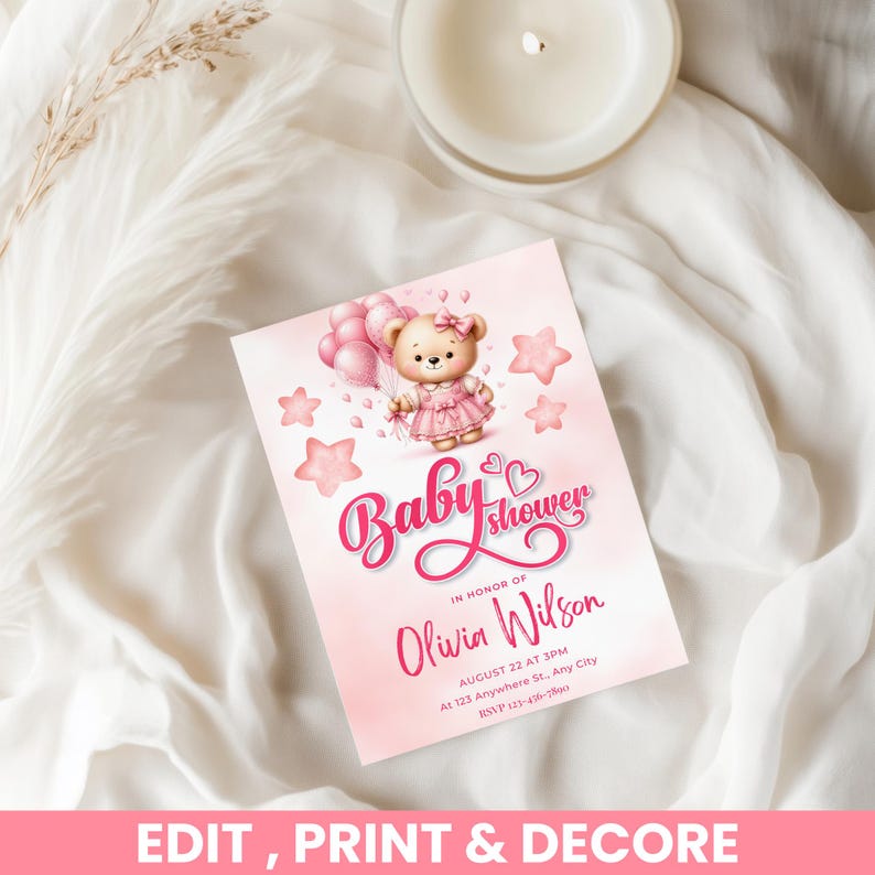 Editable Pink Teddy Bear Baby Shower Invitation, Pink Girl Bear,ballons ...