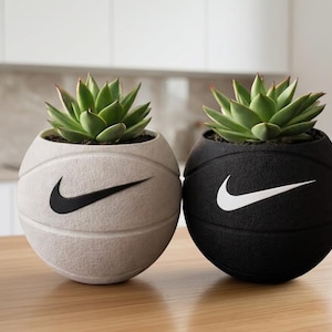 Peut inclure: Deux pots de fleurs sphériques en forme de ballons de basket, l'un beige clair avec un logo Nike noir et l'autre noir avec un logo Nike blanc. Chaque pot contient une plante succulente verte aux feuilles pointues, avec une surface texturée.